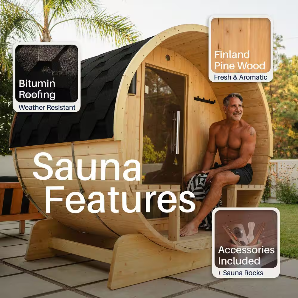 Outdoor Indoor Finland Pine Wet Dry Barrel Sauna 3-5 Person Front Porch Canopy 4.5 Kw ETL Certified Bitumen Shingle Roof