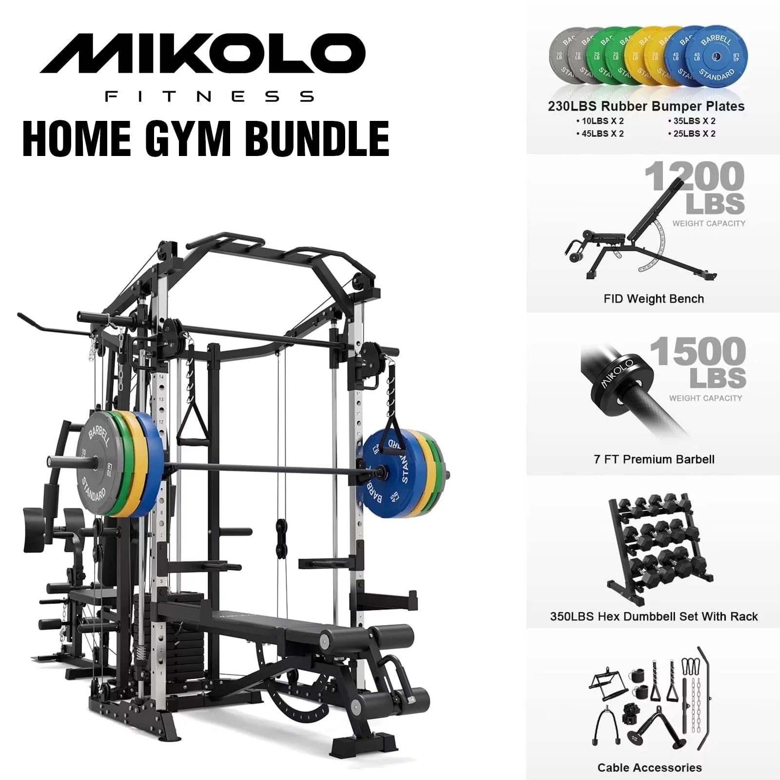 Smith Machine Power Cage, Multi-Function Home Gym System with Cable Crossover, 121LB Weight Stack