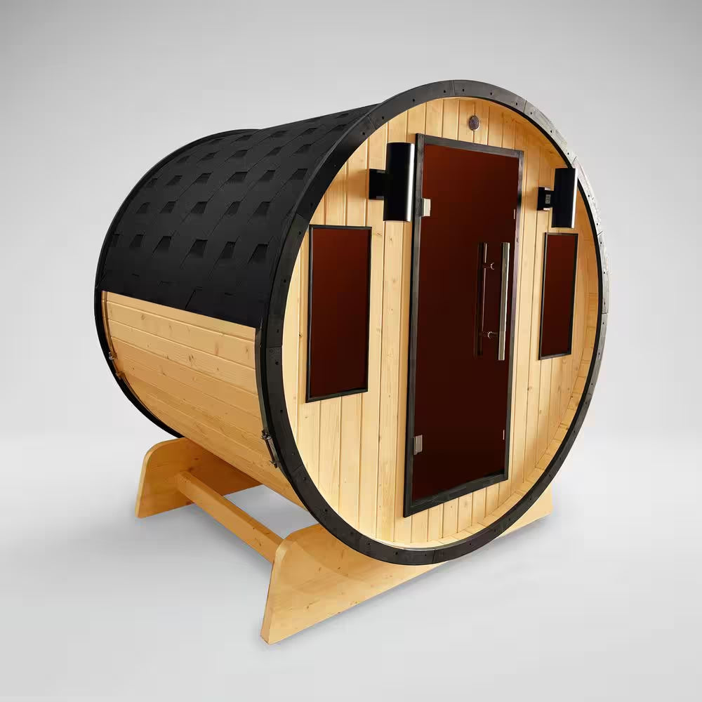 3-Person Capacity Outdoor White Finland Pine Wet/Dry Traditional Barrel Sauna with Black Accents
