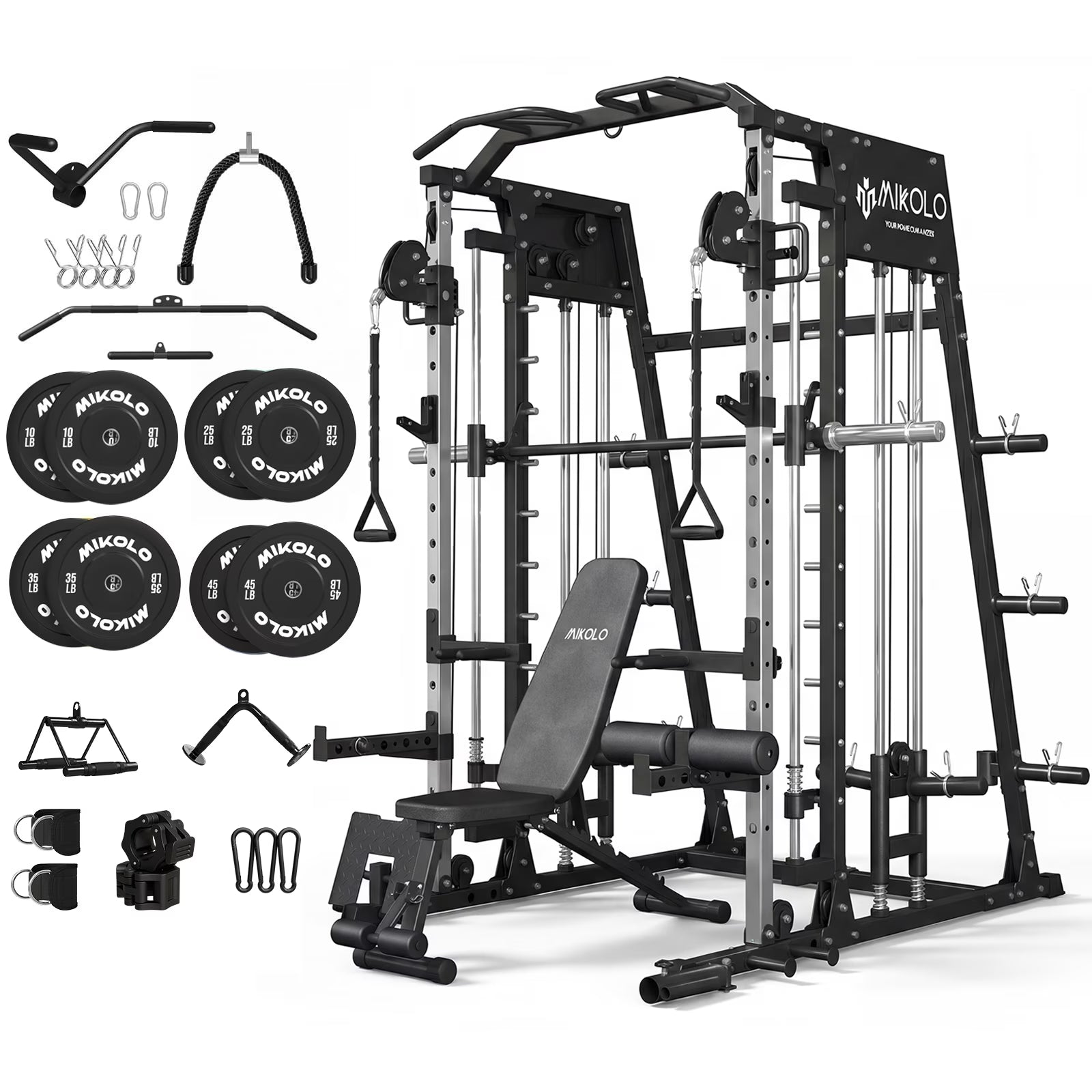 M4 All-In-One Smith Machine Home Gym Package, 2200 Lbs Power Rack Cage with Cable Crossover, 360° Landmine, Barbell Holders and Other Attachments, Total Body Strength Training Cage